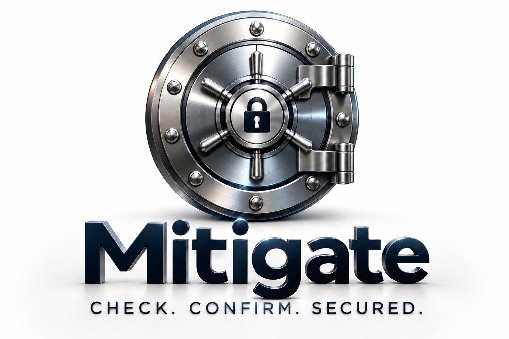 Mitigate vault logo with the motto Check. Confirm. Secured.